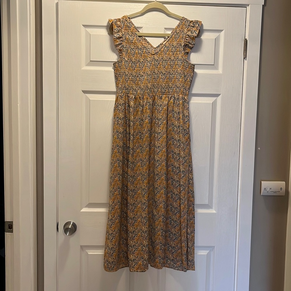 Melloday pink blue and orange floral ruched flutter sleeve dress with slit